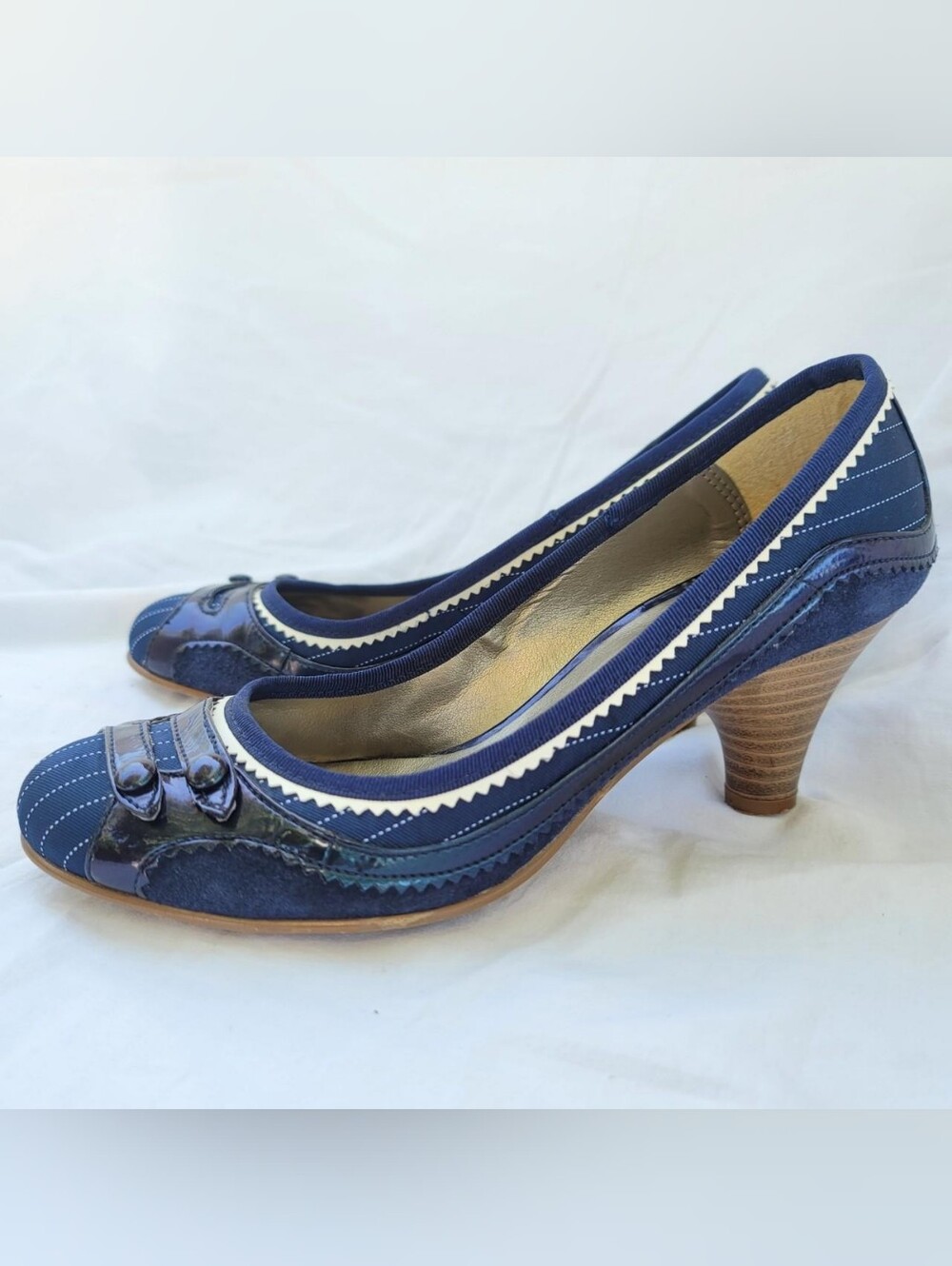 Dune London Vintage Style Navy Pinstripe Heels Sz 7.5